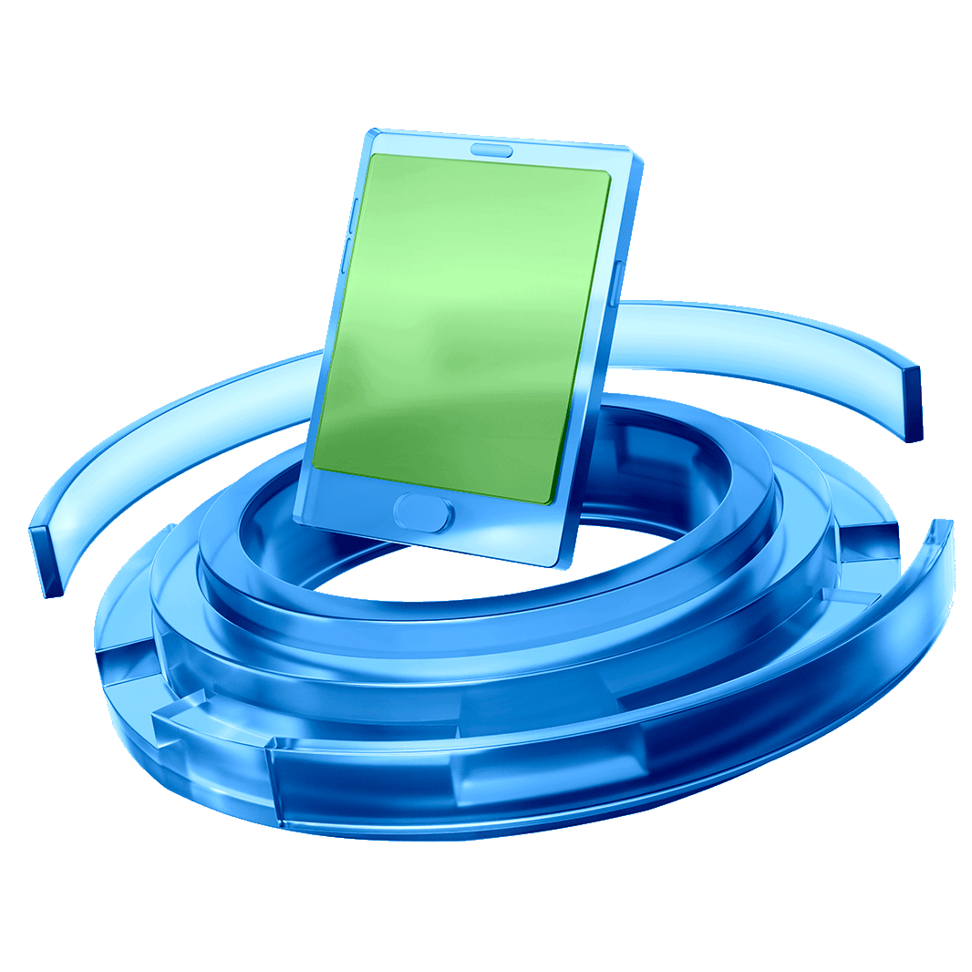 Glass blue phone rising from concentric rings